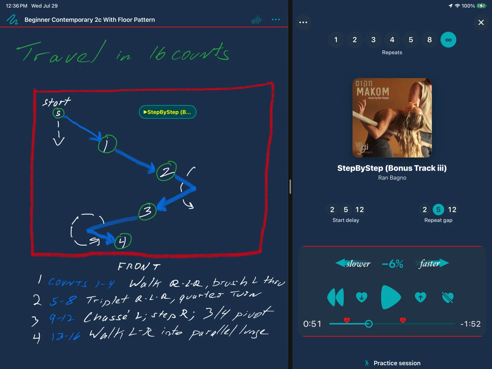 Handwritten Teacher Notebook note with a link to a Ran Bagno track, shown active in Focus Player