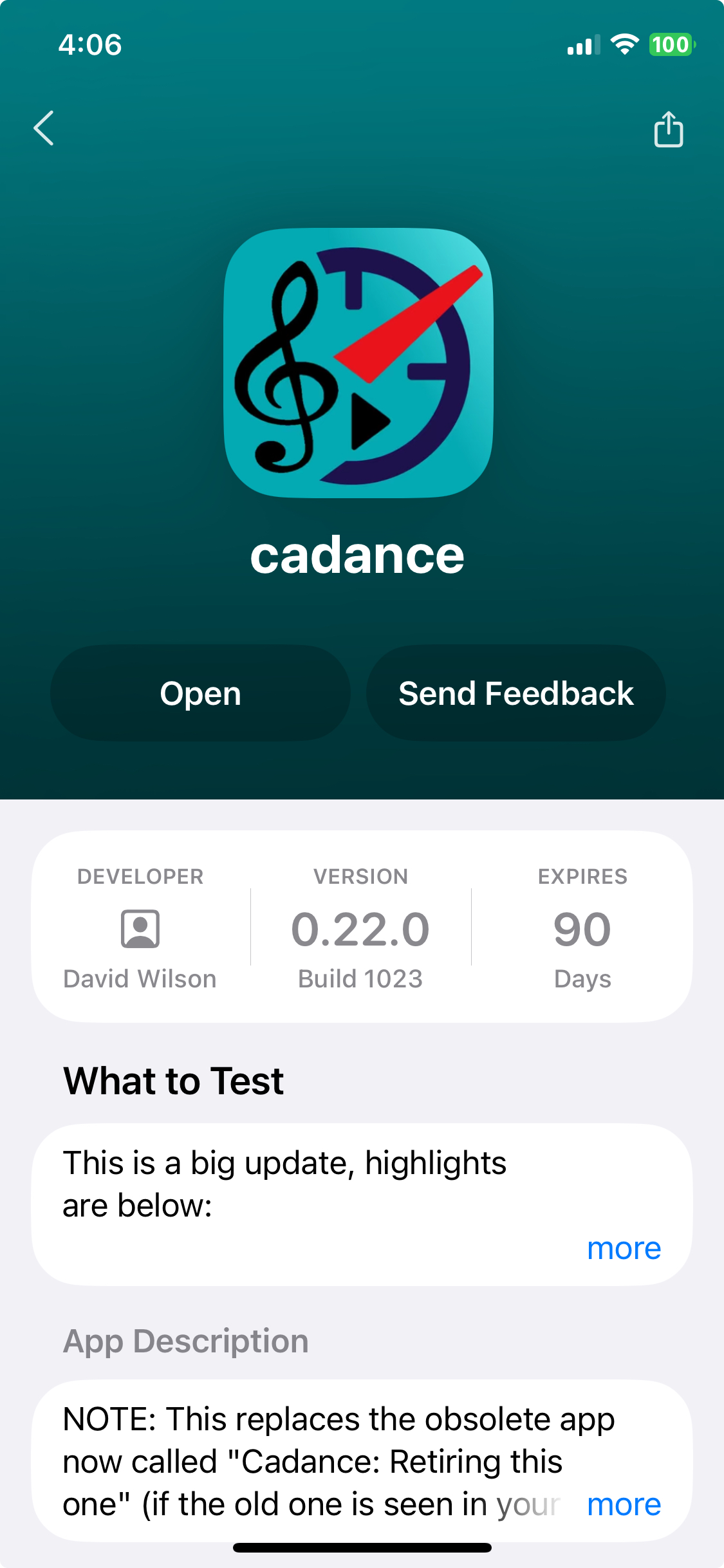 TestFlight detail screen for the new Cadance beta app with install button