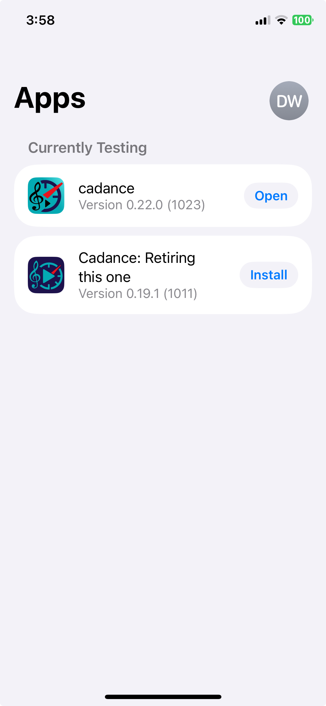 TestFlight list showing the new Cadance beta app ready to install
